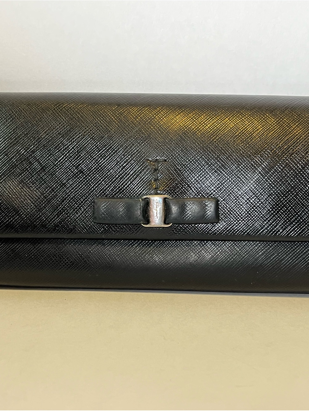 Salvatore Ferragamo Black Saffiano Leather Bow Clutch - AS IS